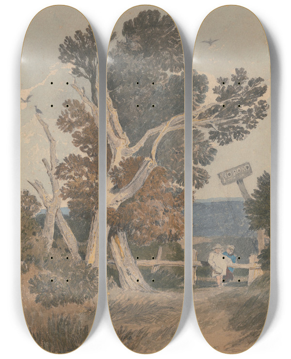 Triptych art skateboard deck of John Sell Cotman A Group Of Trees By A Fence by John Sell Cotman (1782-1842)