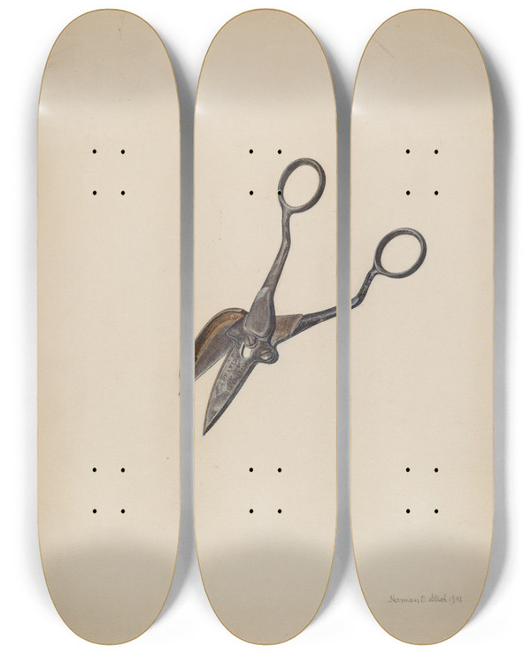 Triptych art skateboard deck of Herman O Stroh Wick Trimmer by Herman O Stroh