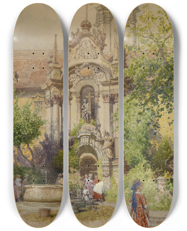 Triptych art skateboard deck of Heinrich Tomec Taufe In Drnstein by Heinrich Tomec (1863-1928)