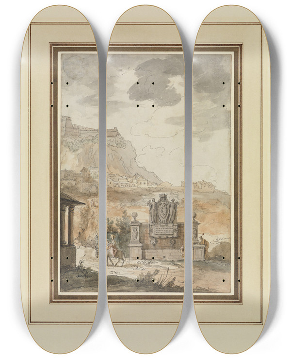 Triptych art skateboard deck of Claudelouis Chtelet Italienische Landschaft Mit Medicibrunnen by Claude Louis Chatelet (1753-1794)