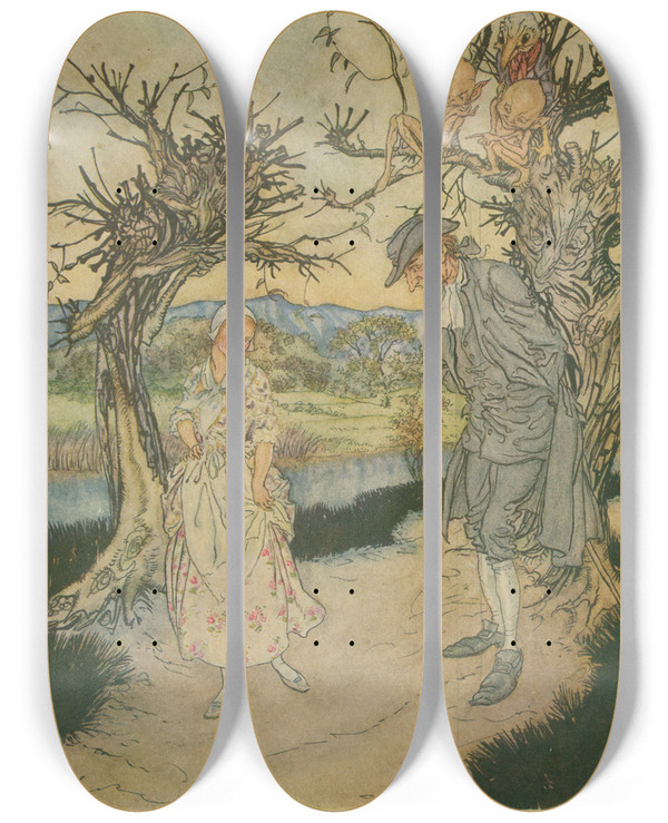 Triptych art skateboard deck of Arthur Rackham Sauntering Along In The Twilight by Arthur Rackham (1867-1939)