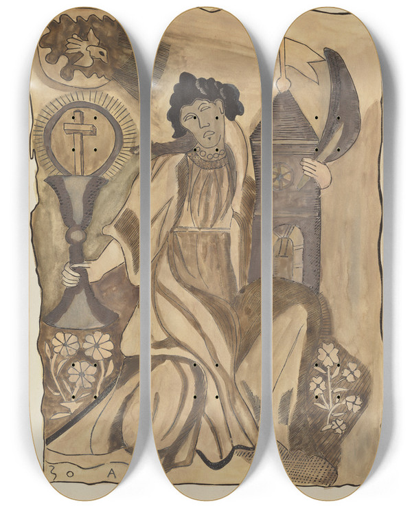 Triptych art skateboard deck of American 20Th Century Plate 41 Saint Barbara From Portfolio Spanish Colonial Designs Of New Mexico_2 by American 20Th Century