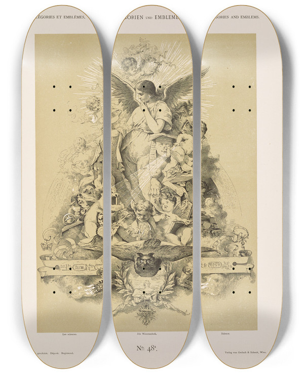 Triptych art skateboard deck of Albert Ilg Allegorien Und Embleme Vol I Pl052 by Albert Ilg (1847-1896)