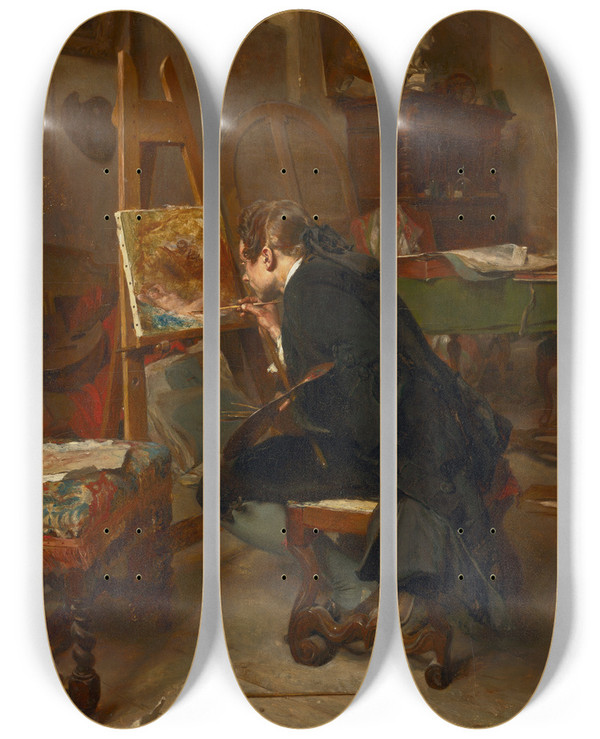 Triptych art skateboard deck of Ernest Meissonier A Painter by Ernest Meissonier (1815-1891)