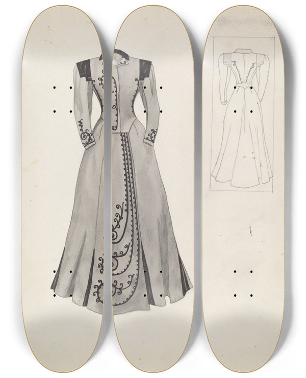 Triptych art skateboard deck of Mary E Humes Suit Costume by Mary E Humes (20-)