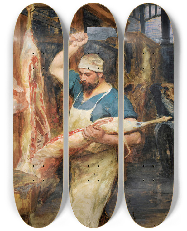 Triptych art skateboard deck of Victor Gabriel Gilbert The Butcher by Victor Gabriel Gilbert (1847-1933)
