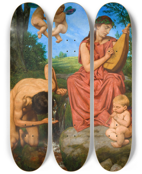 Triptych art skateboard deck of Hans Thoma Die Quelle The Spring by Hans Thoma (1839-1924)