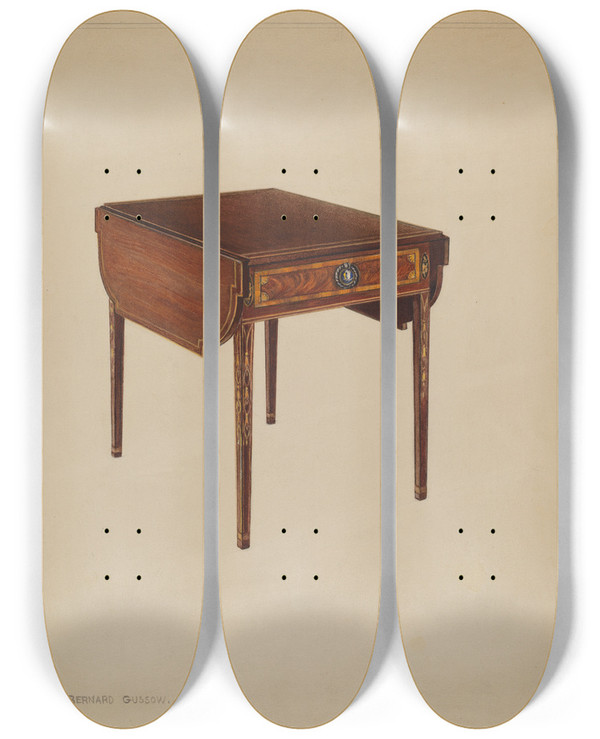 Triptych art skateboard deck of Bernard Gussow Dropleaf Table by Bernard Gussow