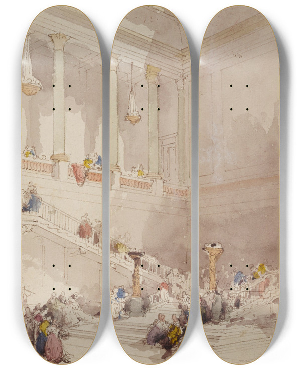 Triptych art skateboard deck of Eugne Lami Figures On The Staircase Of A Palace by Eugene Lami (1800-1890)