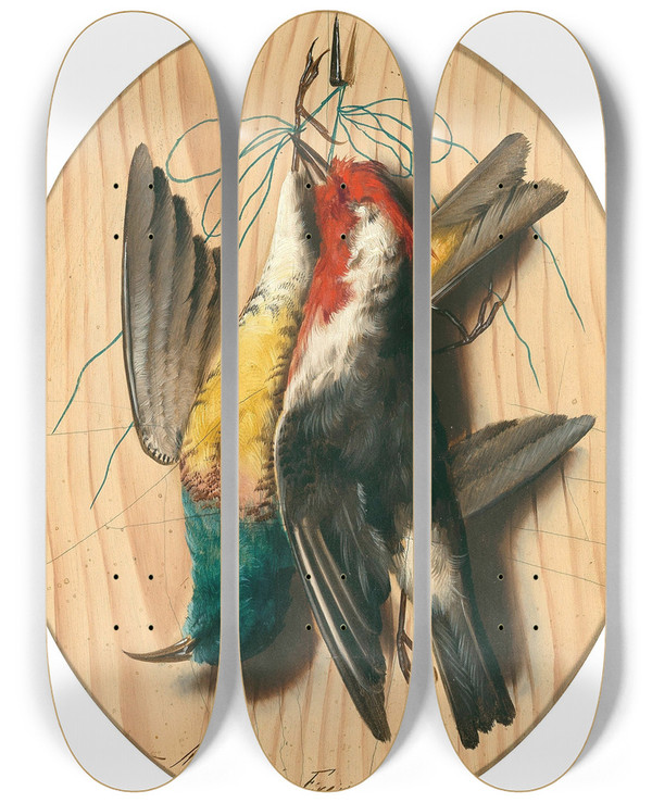 Triptych art skateboard deck of Michelangelo Meucci Trompe Loeil Songbirds_1 by Michelangelo Meucci (1840-1890)