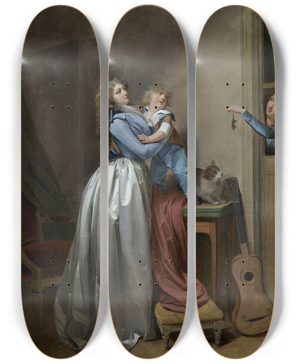 Triptych art skateboard deck of Louis Lopold Boilly The Dead Mouse by Louis Leopold Boilly (1761-1845)