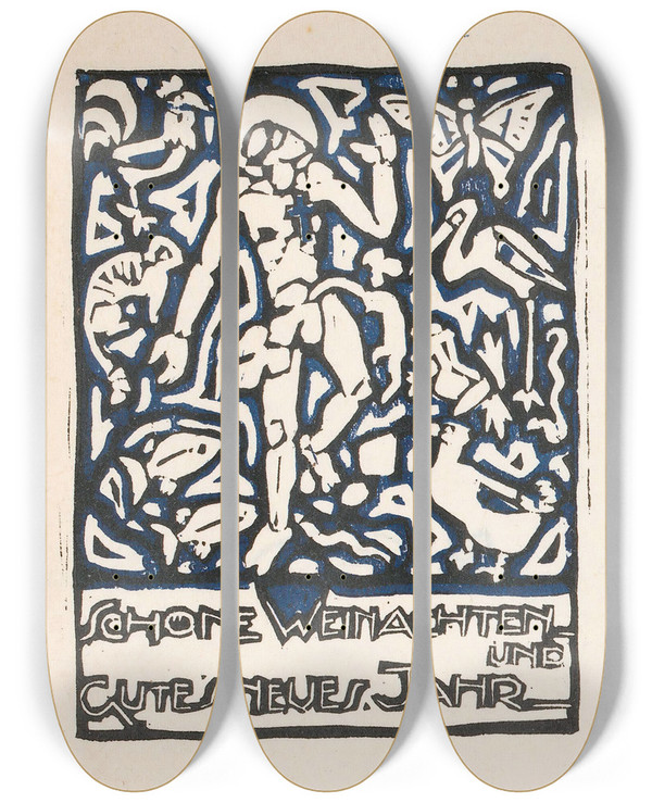 Triptych art skateboard deck of Reijer Stolk Kerstkaart Met Menselijke Figuur En Dieren by Reijer Stolk (1896-1945)