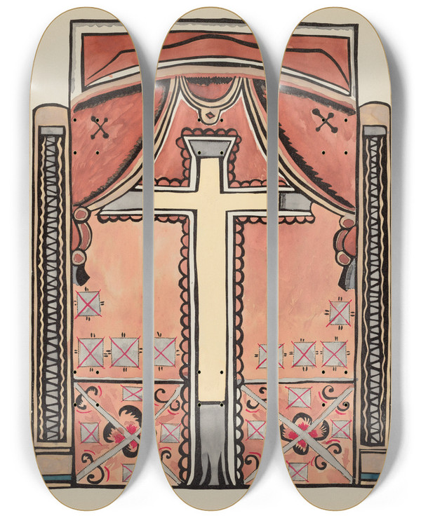 Triptych art skateboard deck of American 20Th Century Plate 13 Design With Cross From Portfolio Spanish Colonial Designs Of New Mexico_2 by American 20Th Century