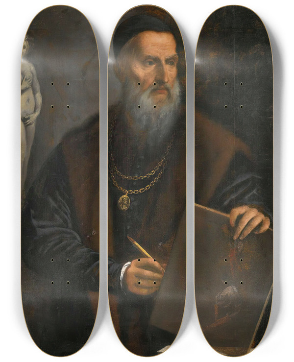 Triptych art skateboard deck of Pietro Della Vecchia Portrait Of Titian by Pietro della Vecchia (1602-1678)