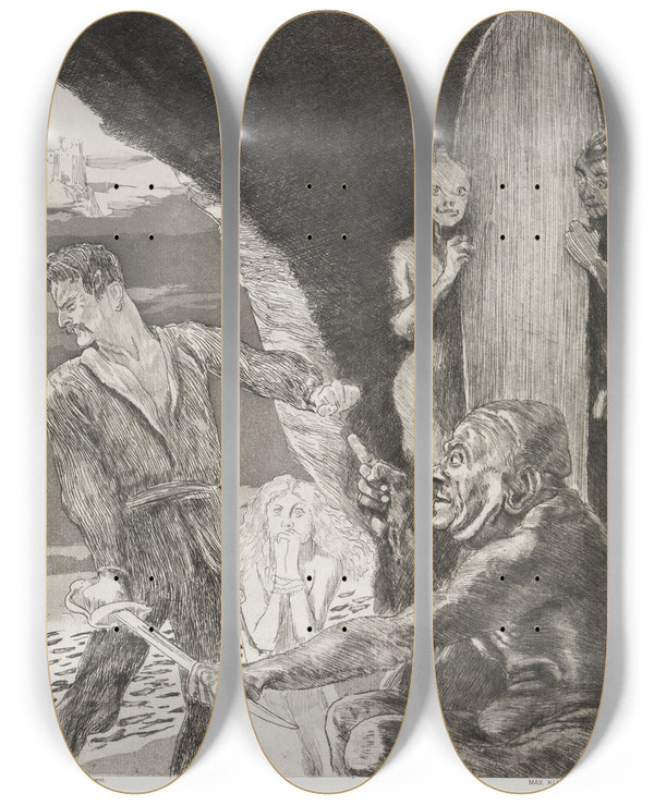 Triptych art skateboard deck of Max Klinger Bedingung Zelt Opus Xiv 2 Teil Nr 38 by Max Klinger (1857-1920)