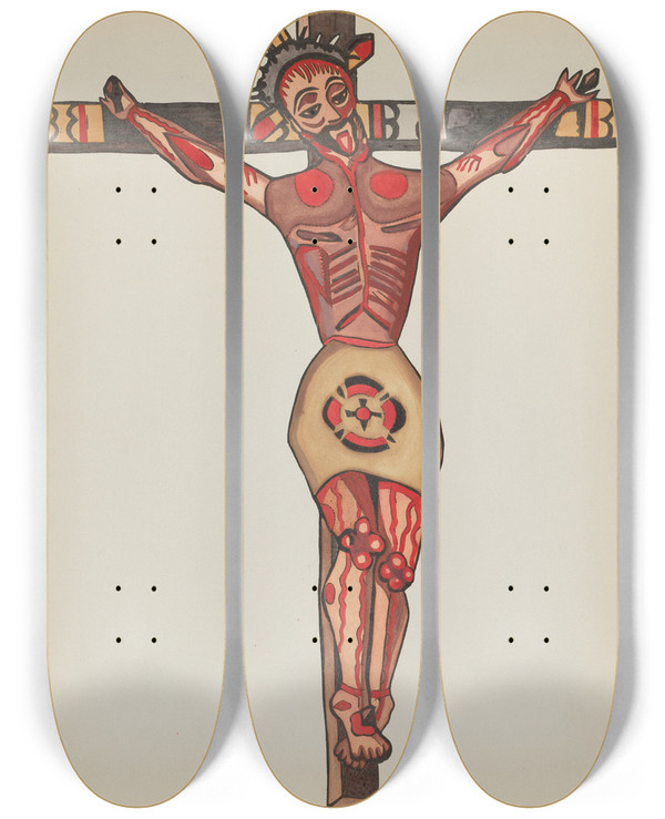 Triptych art skateboard deck of American 20Th Century Plate 27 Christ Crucified From Portfolio Spanish Colonial Designs Of New Mexico_2 by American 20Th Century