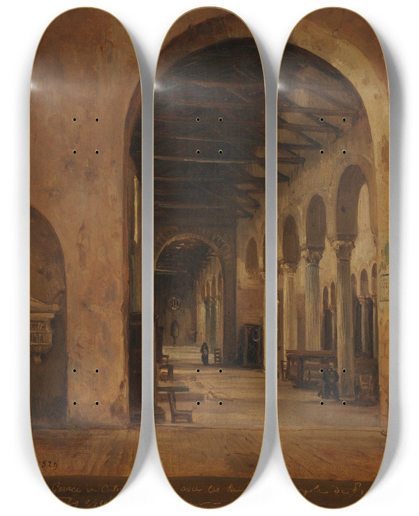 Triptych art skateboard deck of Jacquesraymond Brascassat Intrieur Dglise En Calabre by Jacques Raymond Brascassat (1804-1867)