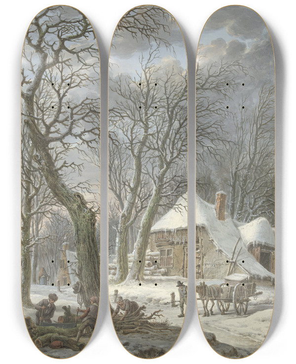 Triptych art skateboard deck of Pieter Pietersz Barbiers Winterlandschap by Pieter Pietersz Barbiers (1749-1842)