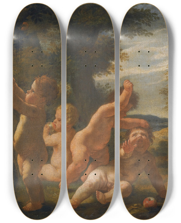Triptych art skateboard deck of Karel Krta Four Putti Playing In A Landscape by Karel Skreta (1610-1674)