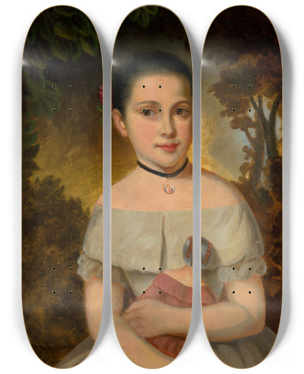 Triptych art skateboard deck of Jozef Czauczik Girl With A Doll by Jozef Czauczik (1781-1857)