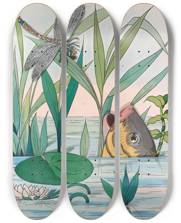 Triptych art skateboard deck of Lothar Meggendorfer The Dragonfly by Lothar Meggendorfer (1847-1925)