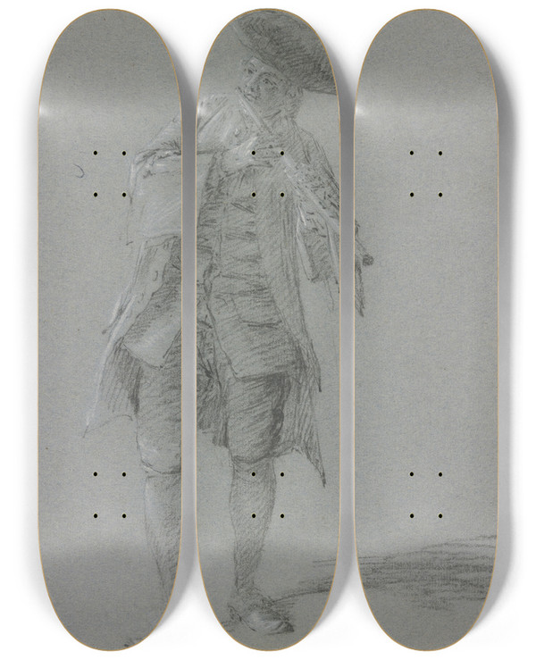 Triptych art skateboard deck of Cornelis Troost Fluteplaying Cavalier by Cornelis Troost (1696-1750)