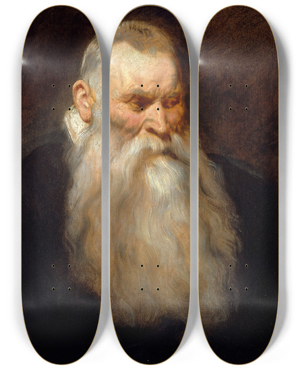 Triptych art skateboard deck of Anthony Van Dyck Study Head Of An Old Man With A White Beard by Anthony Van Dyck (1599-1641)