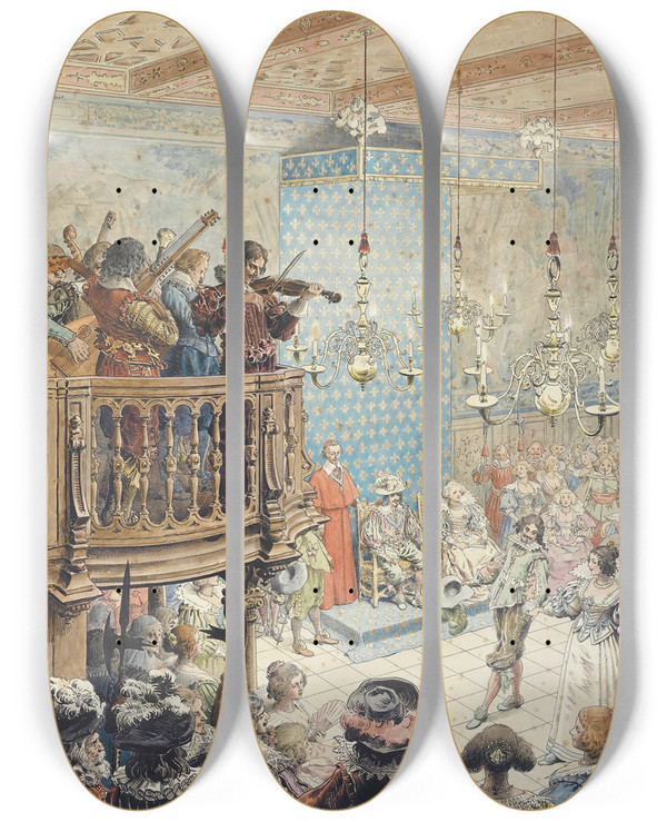 Triptych art skateboard deck of Maurice Leloir Richelieu Le Bal by Maurice Leloir (1853-1940)