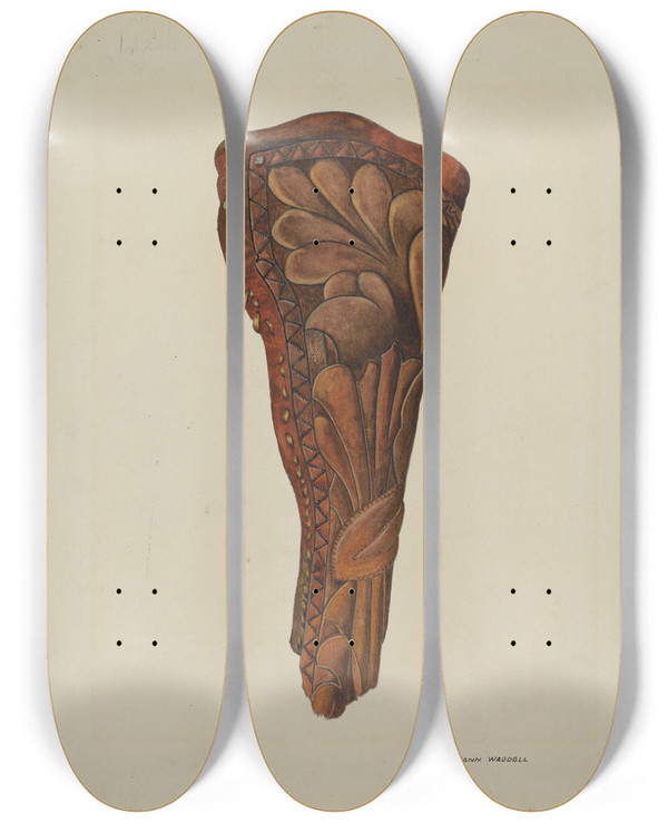 Triptych art skateboard deck of Eva Fox And Harry Mann Waddell Gun Holster by Eva Fox And Harry Mann Waddell