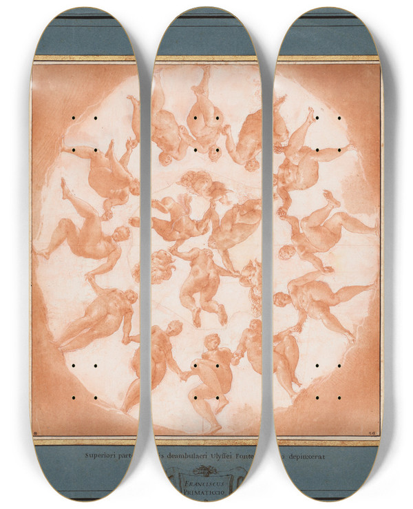 Triptych art skateboard deck of Francesco Primaticcio Dance Of The Hours by Francesco Primaticcio (1504-1570)