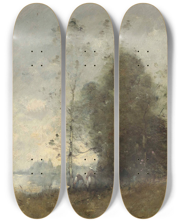 Triptych art skateboard deck of Paul Dsir Trouillebert Personnages Au Bord De La Loire Gennes by Paul Desire Trouillebert (1829-1900)