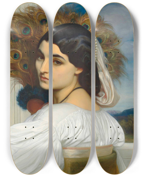 Triptych art skateboard deck of Frederic Leighton Pavonia by Frederic Leighton (1830-1896)