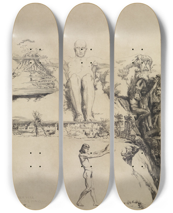 Triptych art skateboard deck of Max Klinger Integer Vitae Titelblatt Vom Tode Zweiter Theil Opus Xi Blatt 1 by Max Klinger (1857-1920)