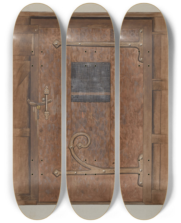 Triptych art skateboard deck of Bertha Semple Iron Hinges On Door by Bertha Semple