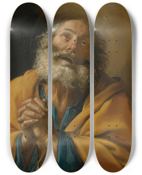 Triptych art skateboard deck of Giuseppe Vermiglio Penitent Saint Peter by Giuseppe Vermiglio (1585-1635)
