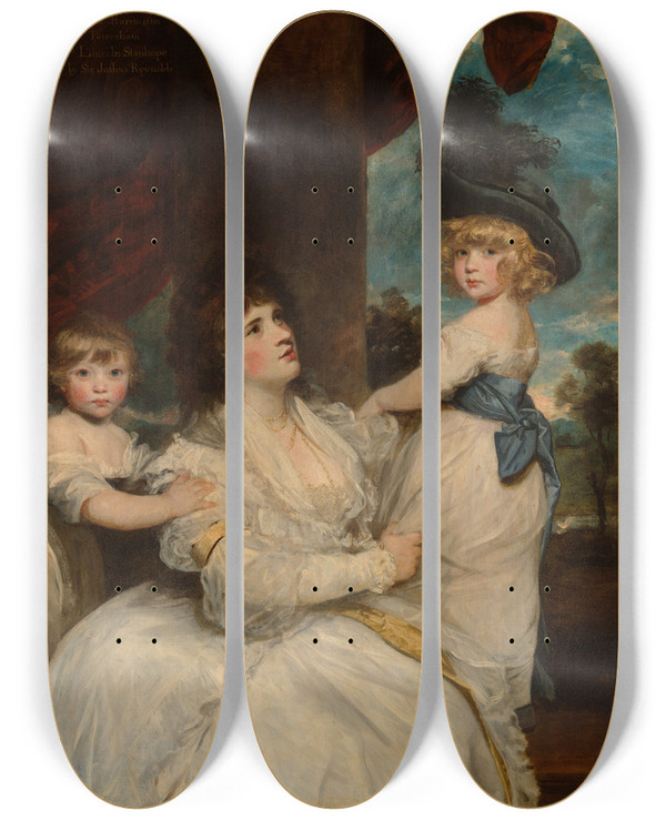 Triptych art skateboard deck of Sir Joshua Reynolds Portrait Of Jane Countess Of Harrington With Her Sons The Viscount Petersham And The Honorable Lincolnstanhope by Sir Joshua Reynolds (1723-1792)