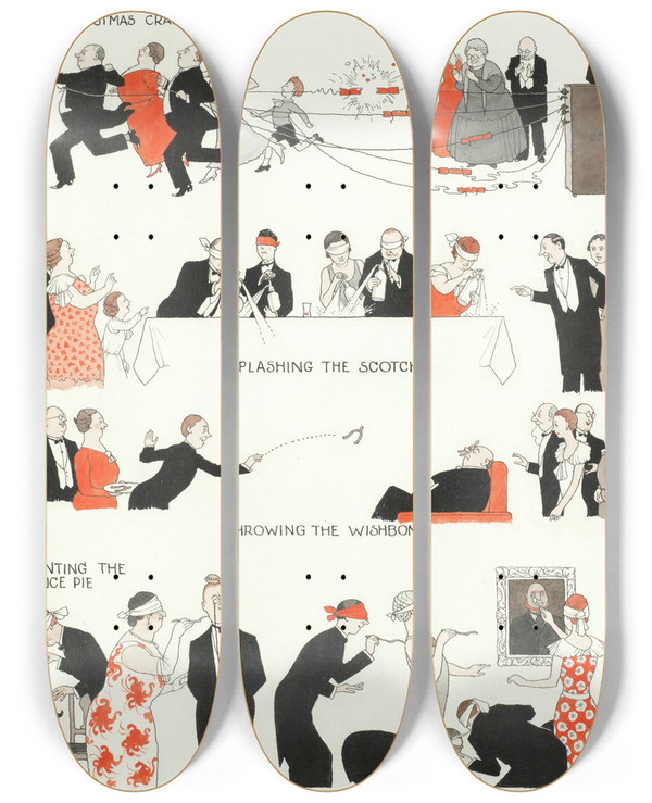 Triptych art skateboard deck of William Heath Robinson New Christmas Games by William Heath Robinson (1872-1944)