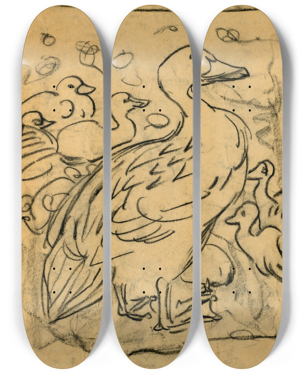 Triptych art skateboard deck of Theo Van Hoytema Eend Met Kuikens by Theo Van Hoytema (1863-1917)