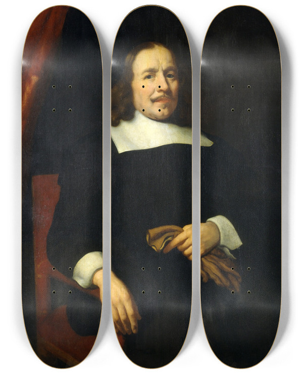 Triptych art skateboard deck of Nicolaes Maes Dutch Gentleman by Nicolaes Maes (1634-1693)
