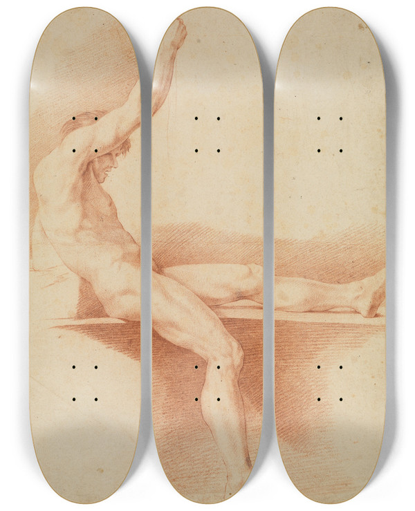 Triptych art skateboard deck of Edm Bouchardon Sitzender Mnnlicher Akt Nach Rechts Mit Hochgelegtem Linkem Bein Und Erhobenem Rechtem Arm by Edme Bouchardon (1698-1762)