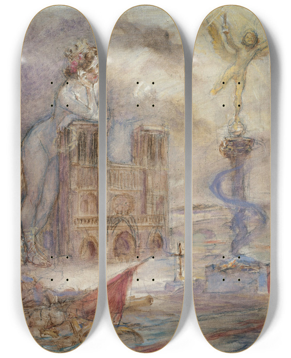 Triptych art skateboard deck of Adolphe Lon Willette Notre Dame Of Paris by Adolphe Leon Willette (1857-1926)