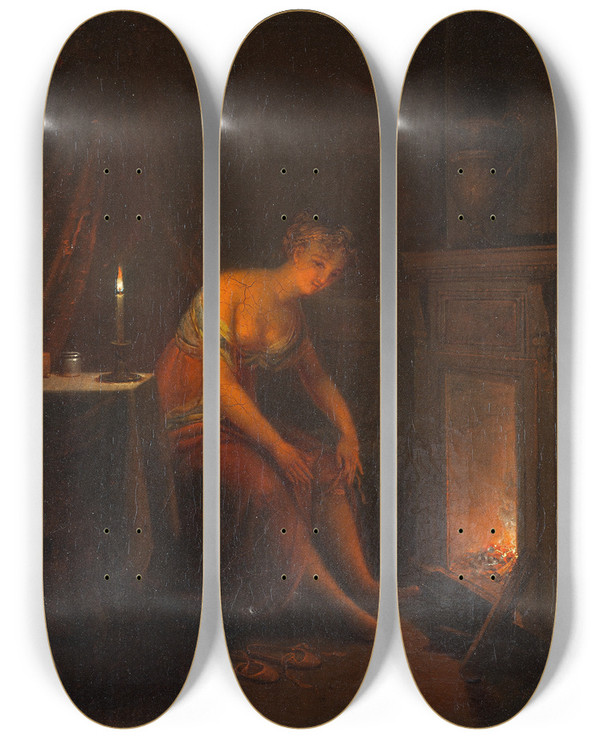 Triptych art skateboard deck of Alexander Laurus Lady Tying Her Garter by Alexander Laureus (1783-1823)