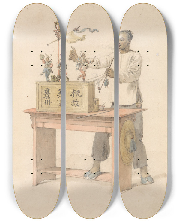 Triptych art skateboard deck of William Alexander A Raree Show by William Alexander (1767-1816)