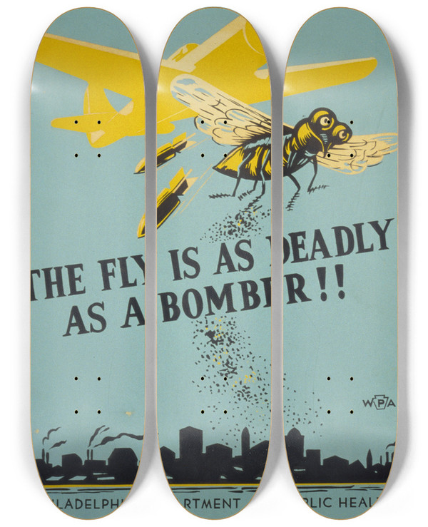 Triptych art skateboard deck of Robert Muchley The Fly Is As Deadly As A Bomber by Robert Muchley (1920)