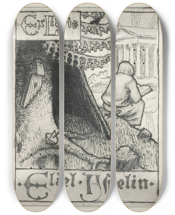 Triptych art skateboard deck of Akseli Gallenkallela Eliel Aspelinin Ex Libris by Akseli Gallen Kallela (1865-1931)