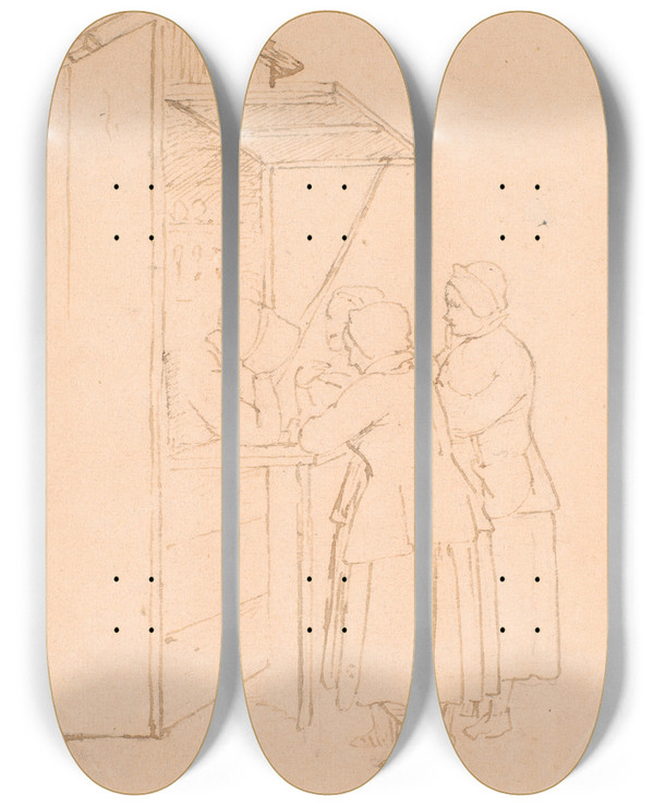 Triptych art skateboard deck of Wilhelm Marstrand Svenske Bondekoner Ved En Handelsbod by Wilhelm Marstrand (1810-1873)
