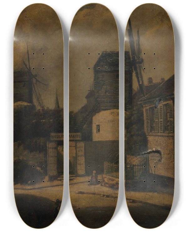 Triptych art skateboard deck of Arsne Dsir Dhaussy Le Moulin De La Galette Et Le Moulin Blutefin Montmartre 18Me Arrondissement by Arsne Dsir d'Haussy (1830-1870)