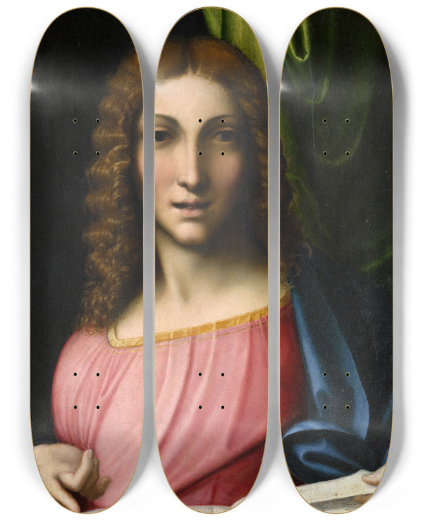 Triptych art skateboard deck of Correggio Salvator Mundi by Correggio (1489-1534)
