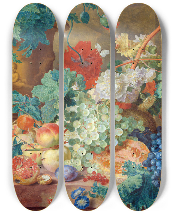 Triptych art skateboard deck of Jan Van Huysum Still Life With Flowers And Fruit_3 by Jan Van Huysum (1682-1749)