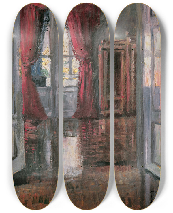 Triptych art skateboard deck of Egon Schiele Blick In Die Wohnung Von Leopold Und Marie Czihaczek by Egon Schiele (1890-1918)